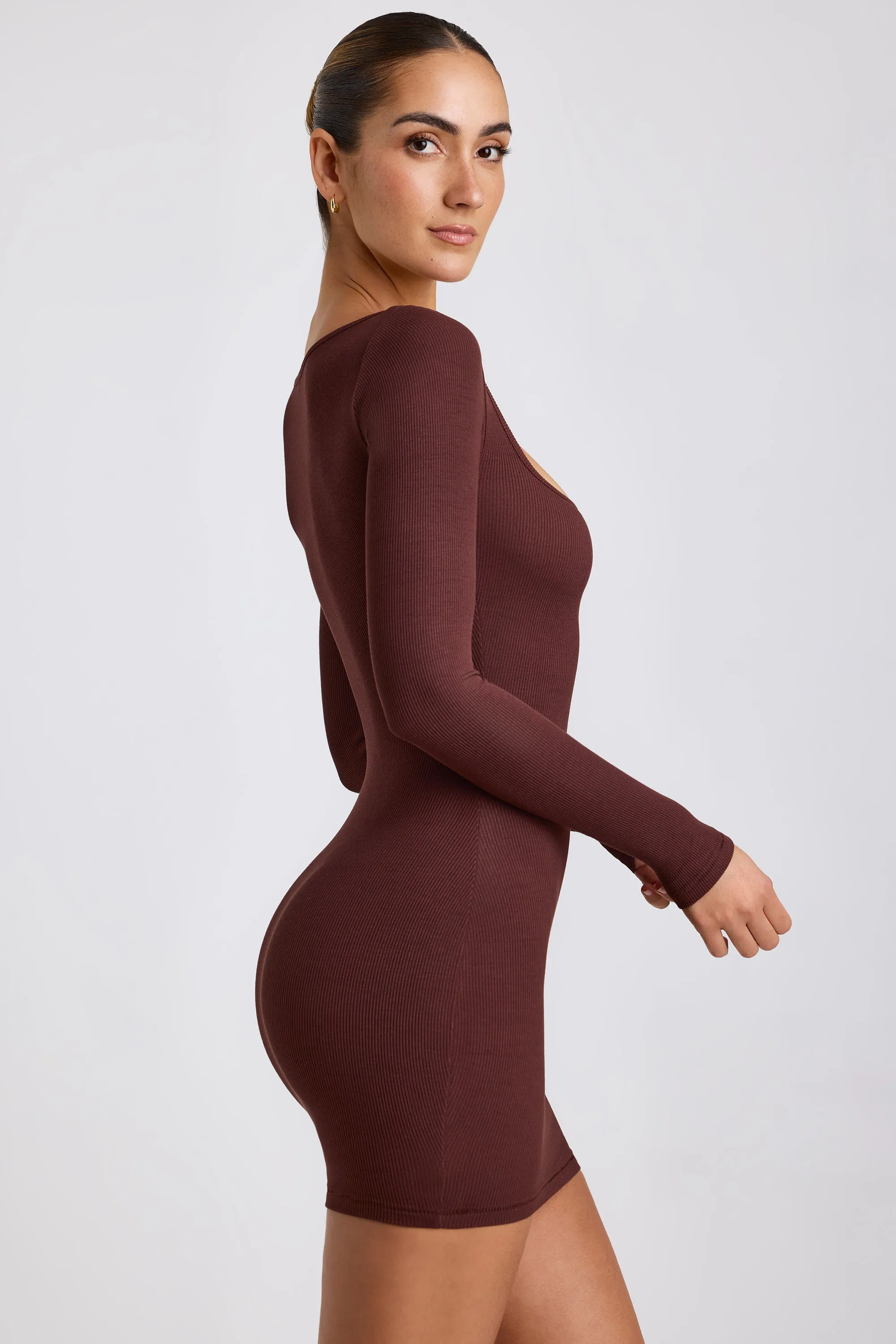 Ribbed Modal Long Sleeve Mini Dress in Chocolate sold by Oh Polly product image thumbnail 3