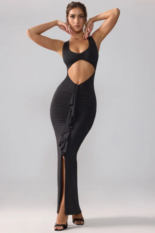 Slinky Jersey Cut Out Ruffle Racerback Maxi Dress in Black sold by Oh Polly