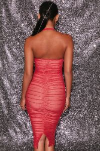 Halter Neck Ruched Mesh Midi Dress in Red sold by Oh Polly
