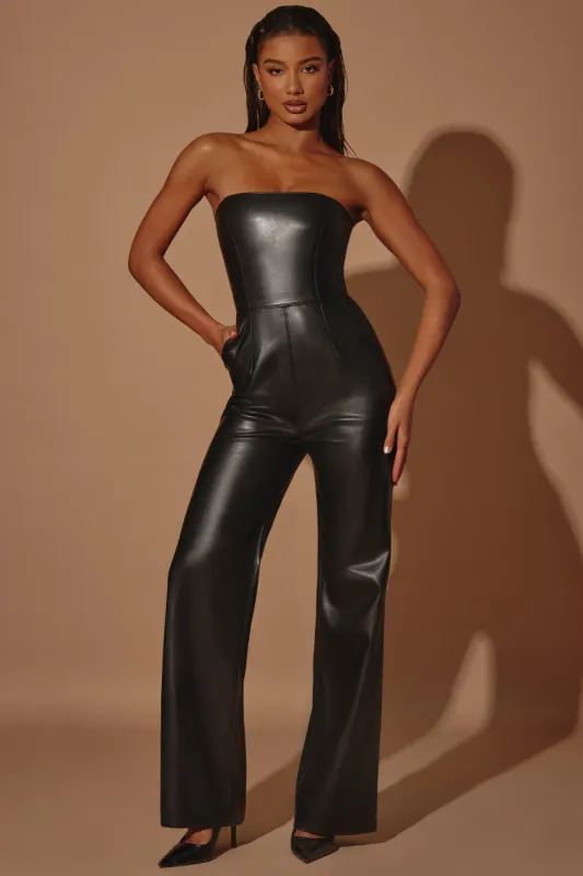 Strapless Wide Leg Vegan Leather Jumpsuit in Black sold by Oh Polly