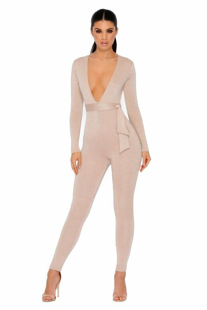 Glisten Closely Metallic Knit Belted Jumpsuit in Nude sold by Oh Polly product image thumbnail 13