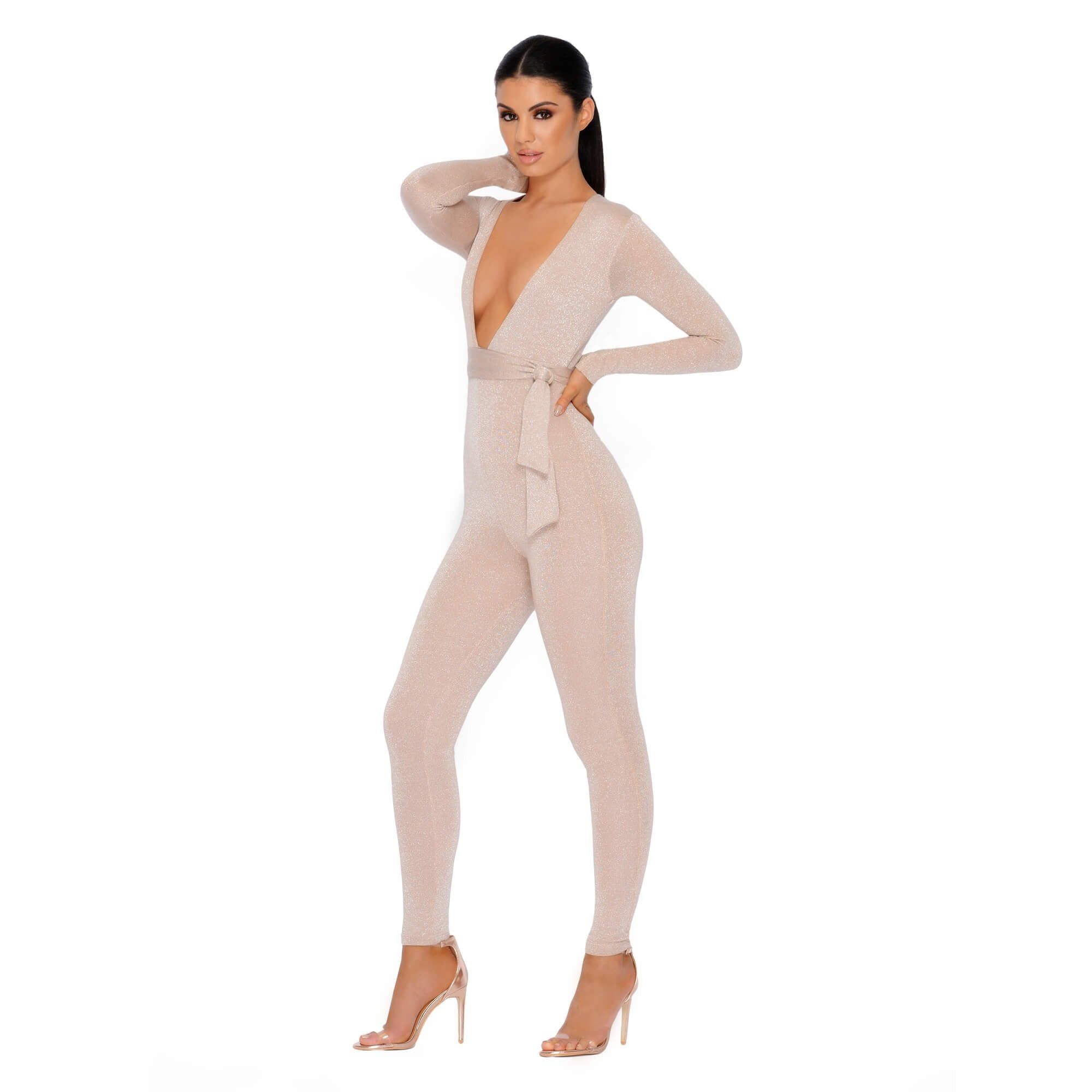 Glisten Closely Metallic Knit Belted Jumpsuit in Nude sold by Oh Polly product image thumbnail 9