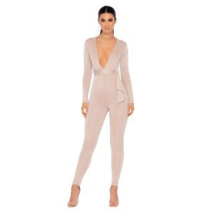 Glisten Closely Metallic Knit Belted Jumpsuit in Nude sold by Oh Polly