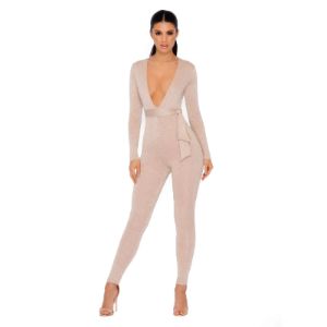 Glisten Closely Metallic Knit Belted Jumpsuit in Nude sold by Oh Polly