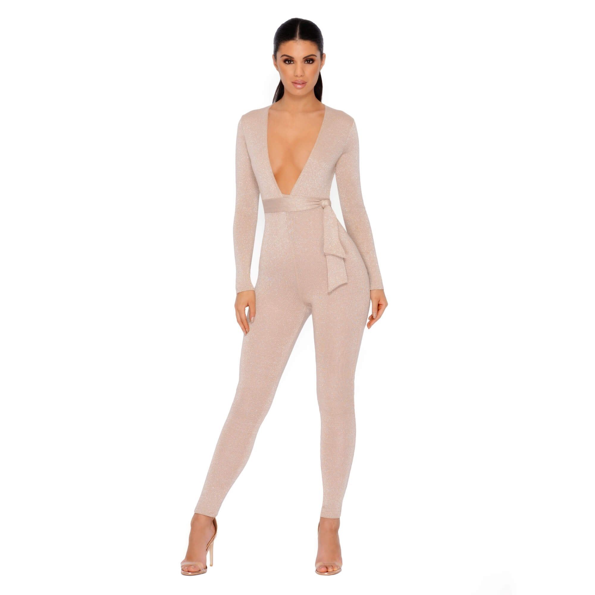 Glisten Closely Metallic Knit Belted Jumpsuit in Nude sold by Oh Polly product image thumbnail 4