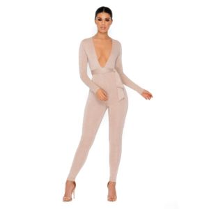 Glisten Closely Metallic Knit Belted Jumpsuit in Nude sold by Oh Polly
