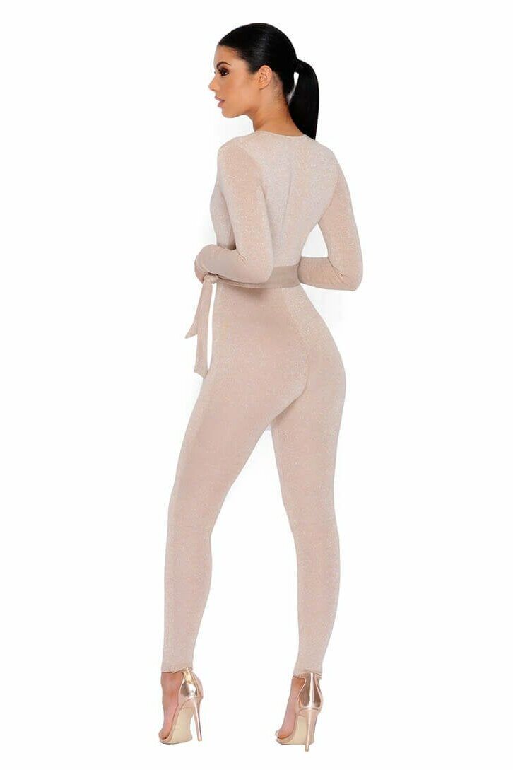 Glisten Closely Metallic Knit Belted Jumpsuit in Nude sold by Oh Polly product image thumbnail 14