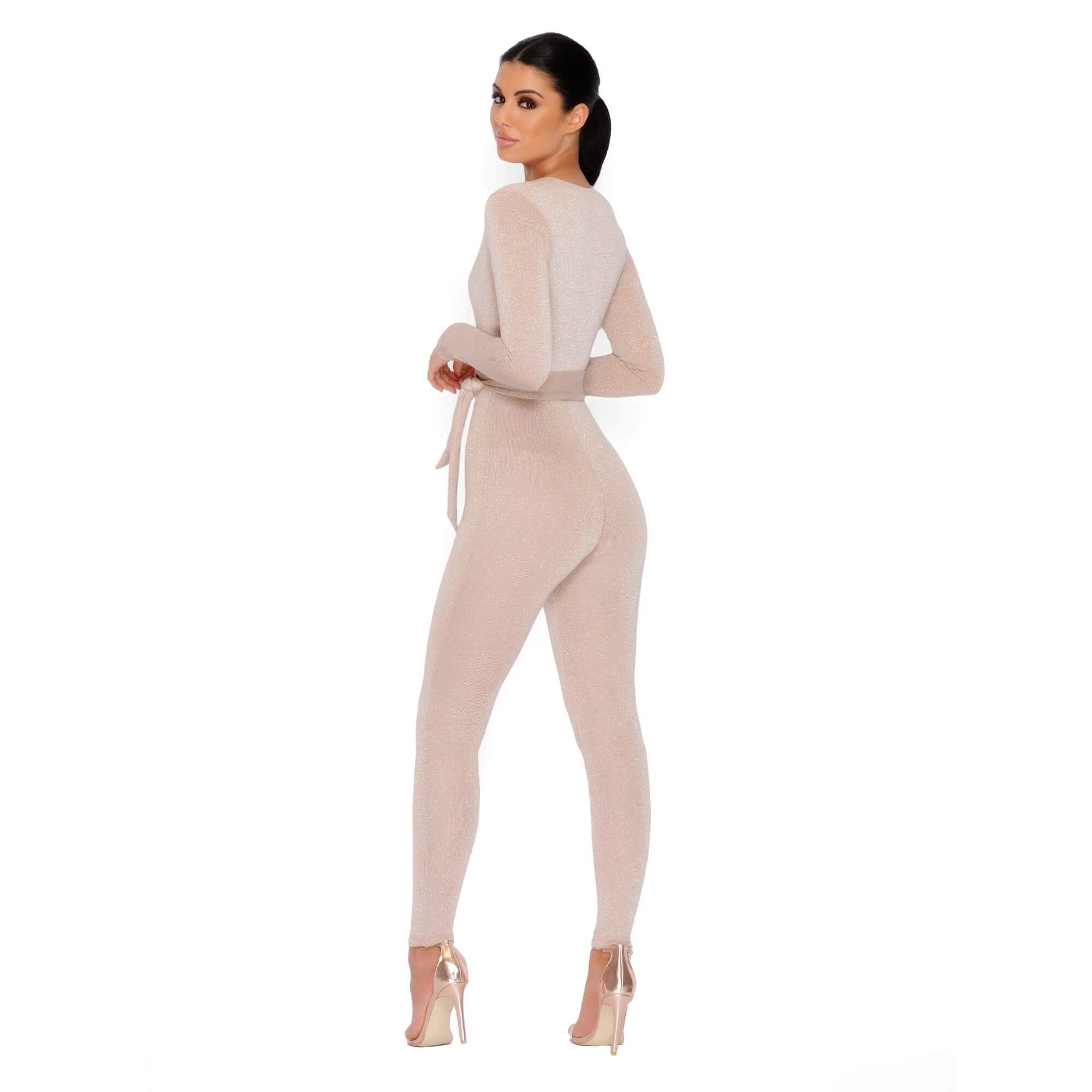 Glisten Closely Metallic Knit Belted Jumpsuit in Nude sold by Oh Polly product image thumbnail 11