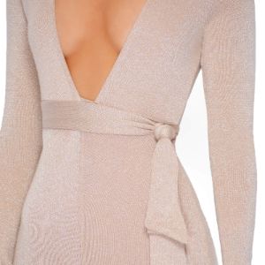 Glisten Closely Metallic Knit Belted Jumpsuit in Nude sold by Oh Polly