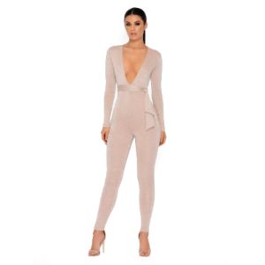 Glisten Closely Metallic Knit Belted Jumpsuit in Nude sold by Oh Polly