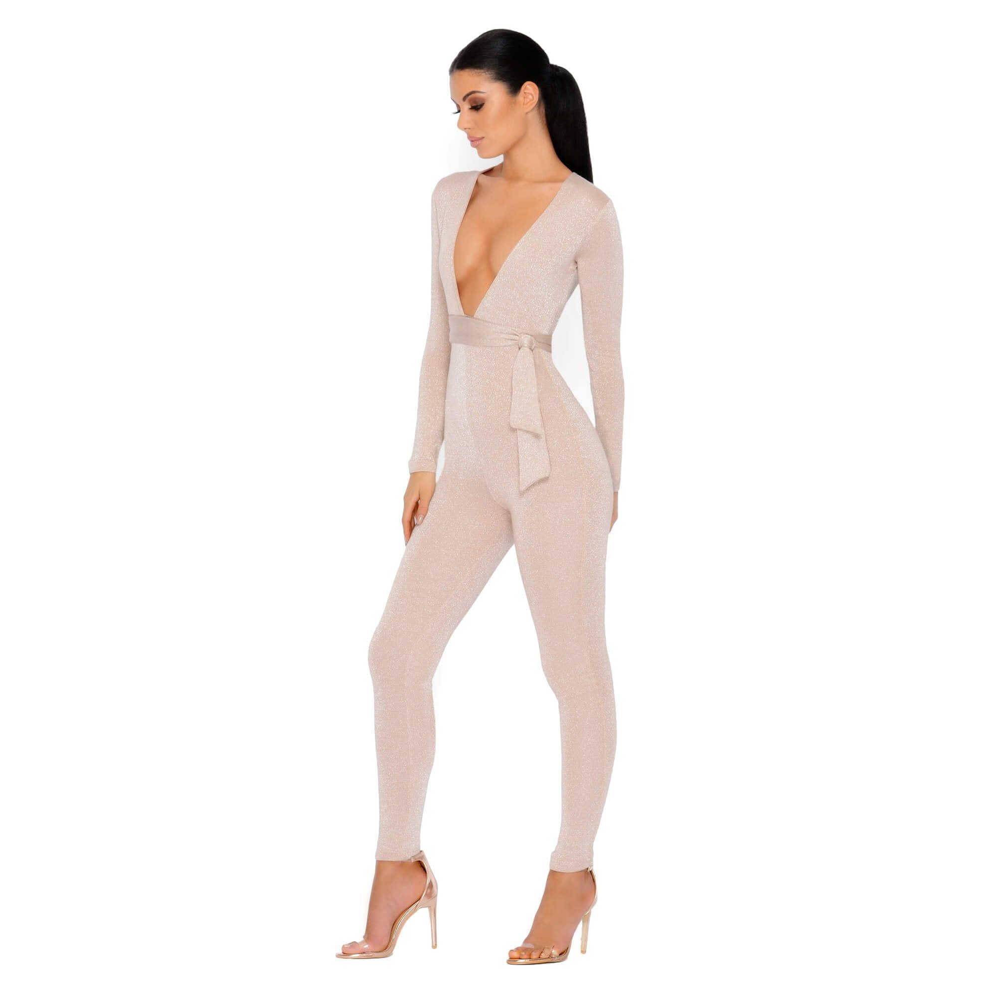 Glisten Closely Metallic Knit Belted Jumpsuit in Nude sold by Oh Polly product image thumbnail 12