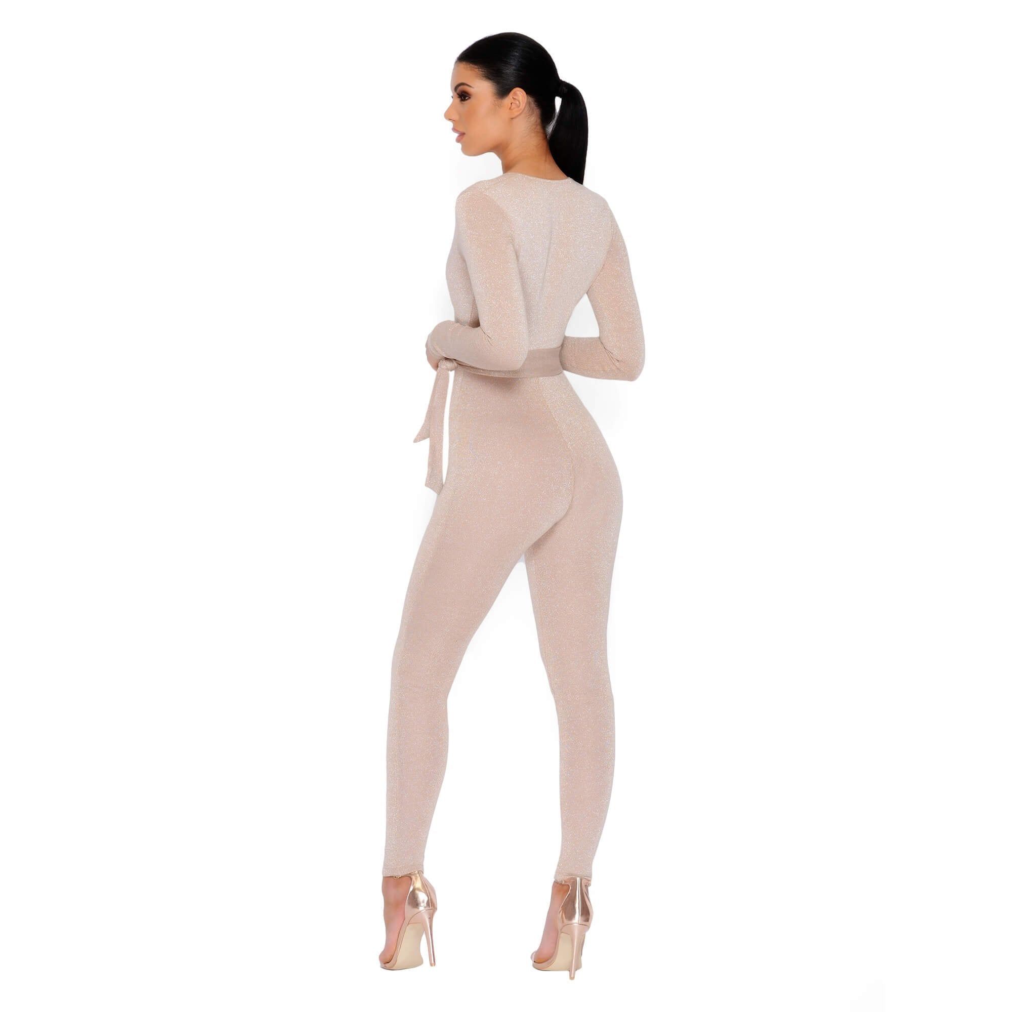 Glisten Closely Metallic Knit Belted Jumpsuit in Nude sold by Oh Polly product image thumbnail 10