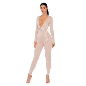 Glisten Closely Metallic Knit Belted Jumpsuit in Nude sold by Oh Polly