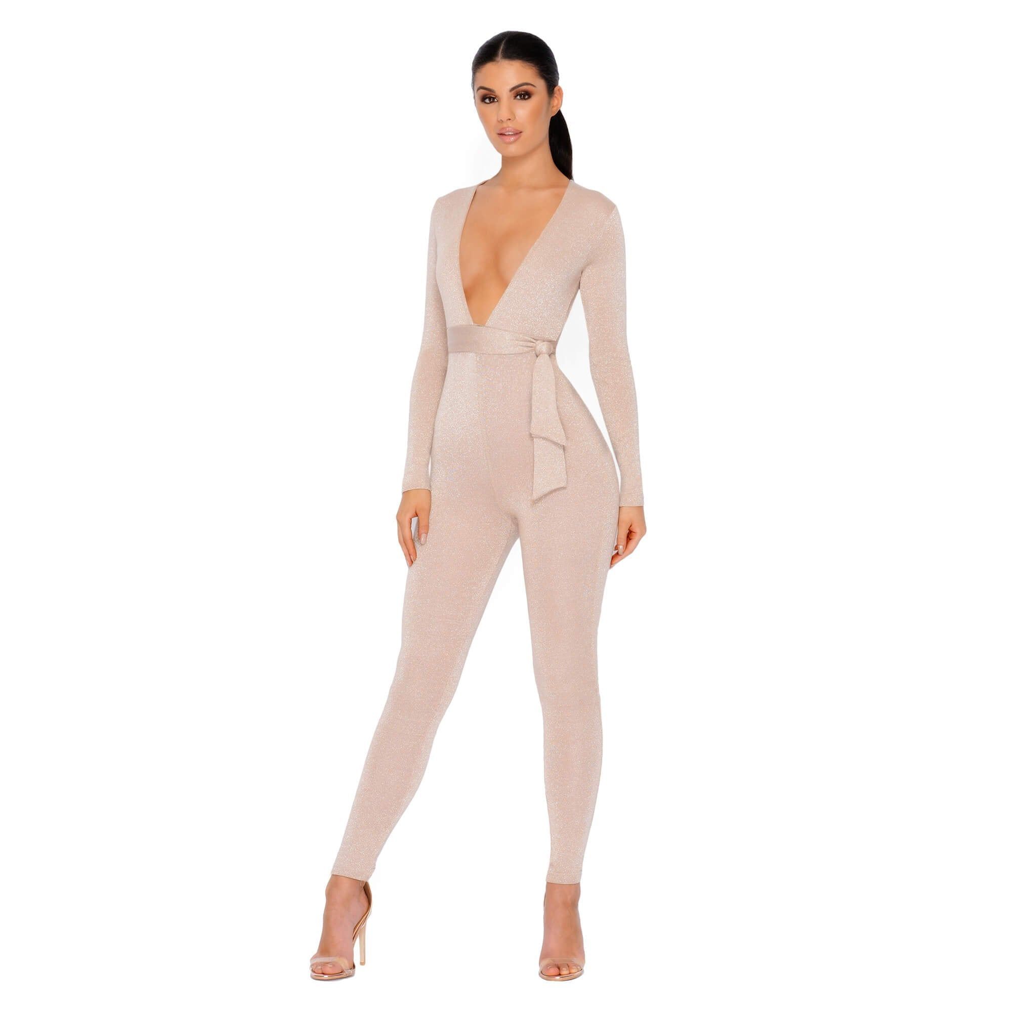 Glisten Closely Metallic Knit Belted Jumpsuit in Nude sold by Oh Polly product image thumbnail 7