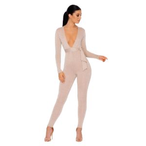 Glisten Closely Metallic Knit Belted Jumpsuit in Nude sold by Oh Polly