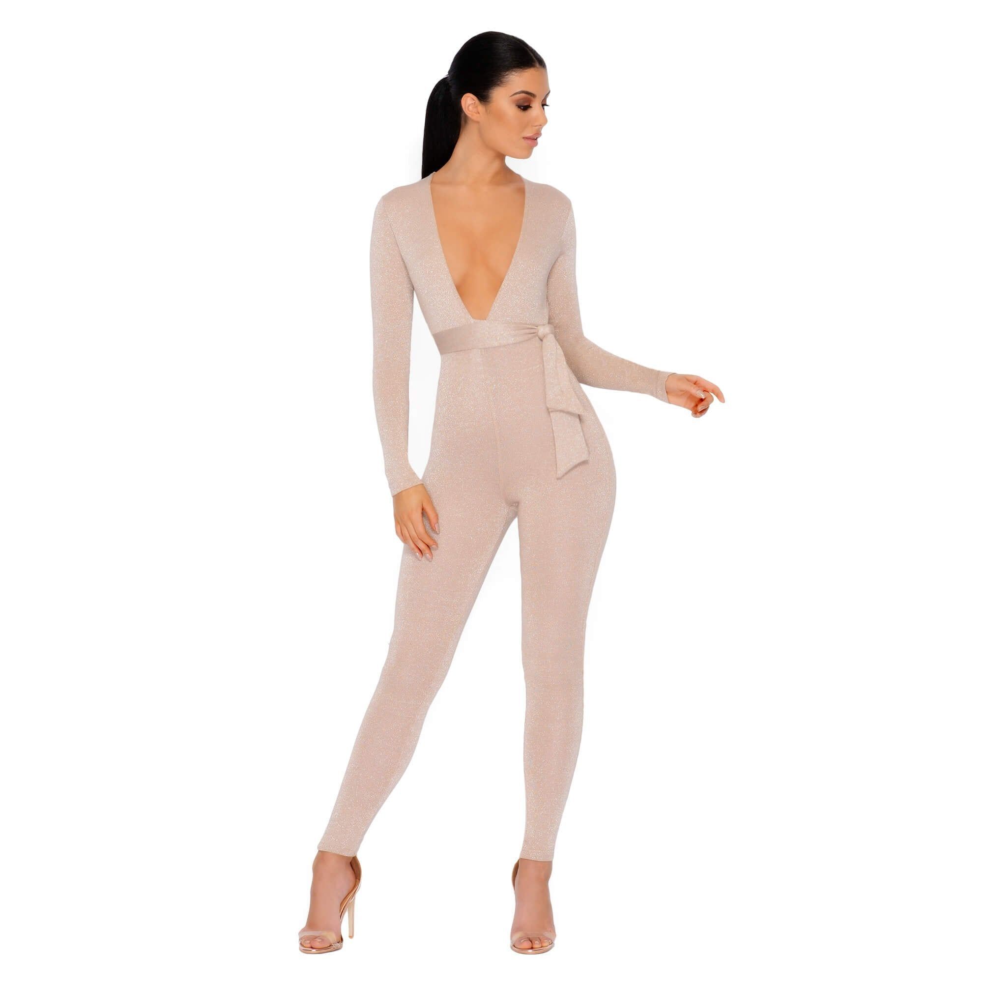 Glisten Closely Metallic Knit Belted Jumpsuit in Nude sold by Oh Polly product image thumbnail 5