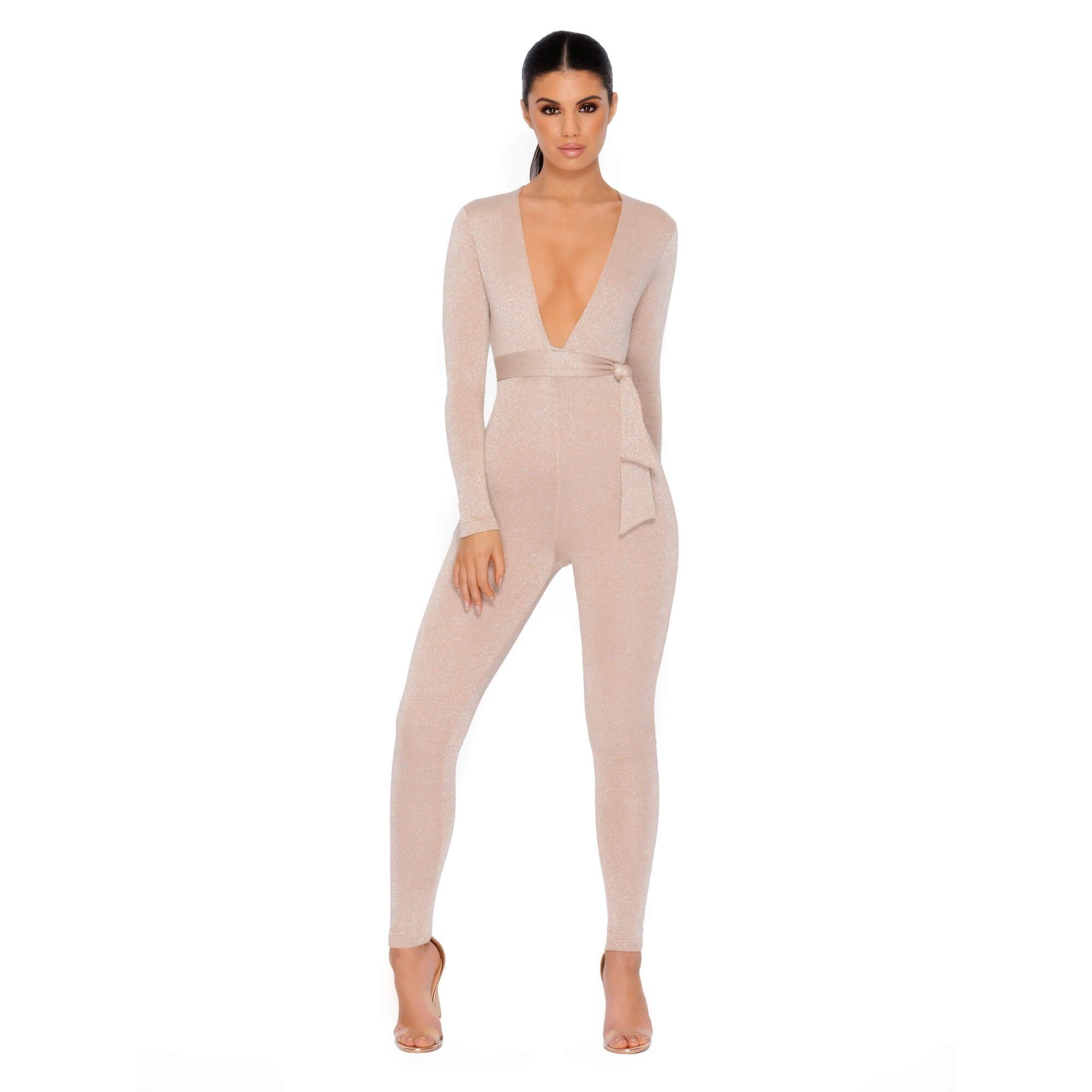 Glisten Closely Metallic Knit Belted Jumpsuit in Nude sold by Oh Polly