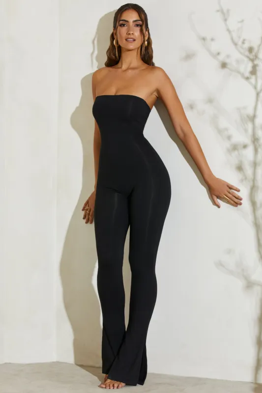 Strapless Flared Hem Jumpsuit in Black sold by Oh Polly