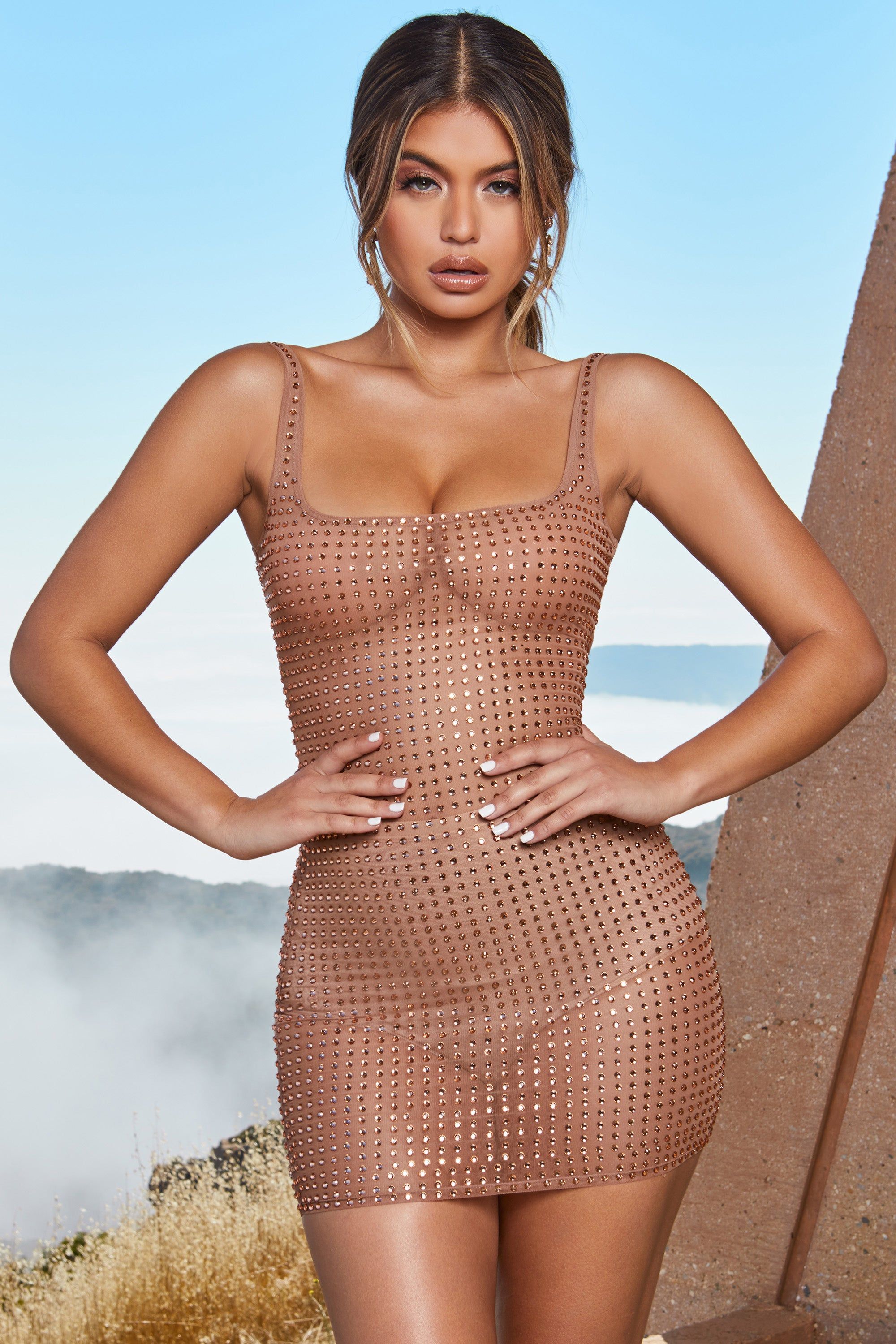 Sheer Delight Sheer Mesh Embellished Mini Dress in Tan sold by Oh Polly product image thumbnail 3
