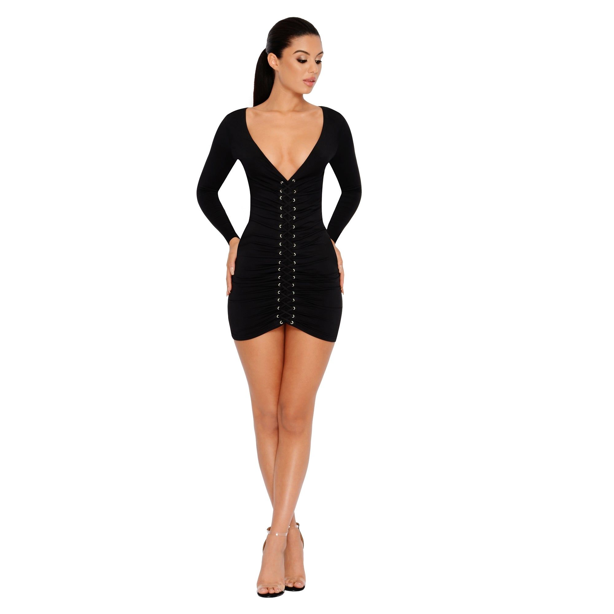 One Track Mind Lace Up Ruche Mini Dress in Black sold by Oh Polly product image thumbnail 9
