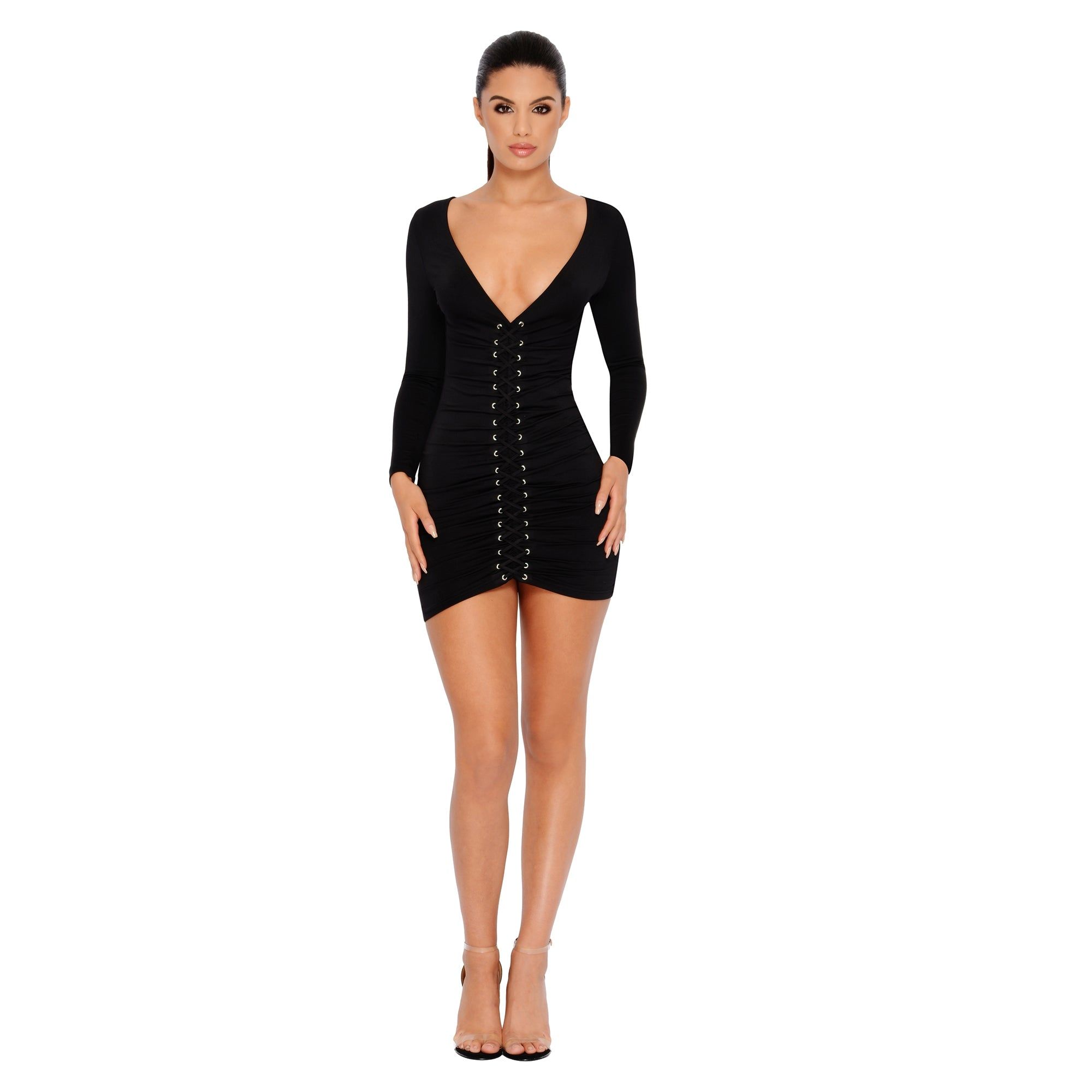 One Track Mind Lace Up Ruche Mini Dress in Black sold by Oh Polly product image thumbnail 5