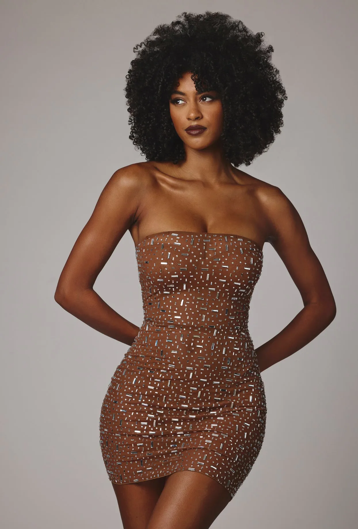 Sheer Embellished Bodycon Mini Dress in Mocha sold by Oh Polly