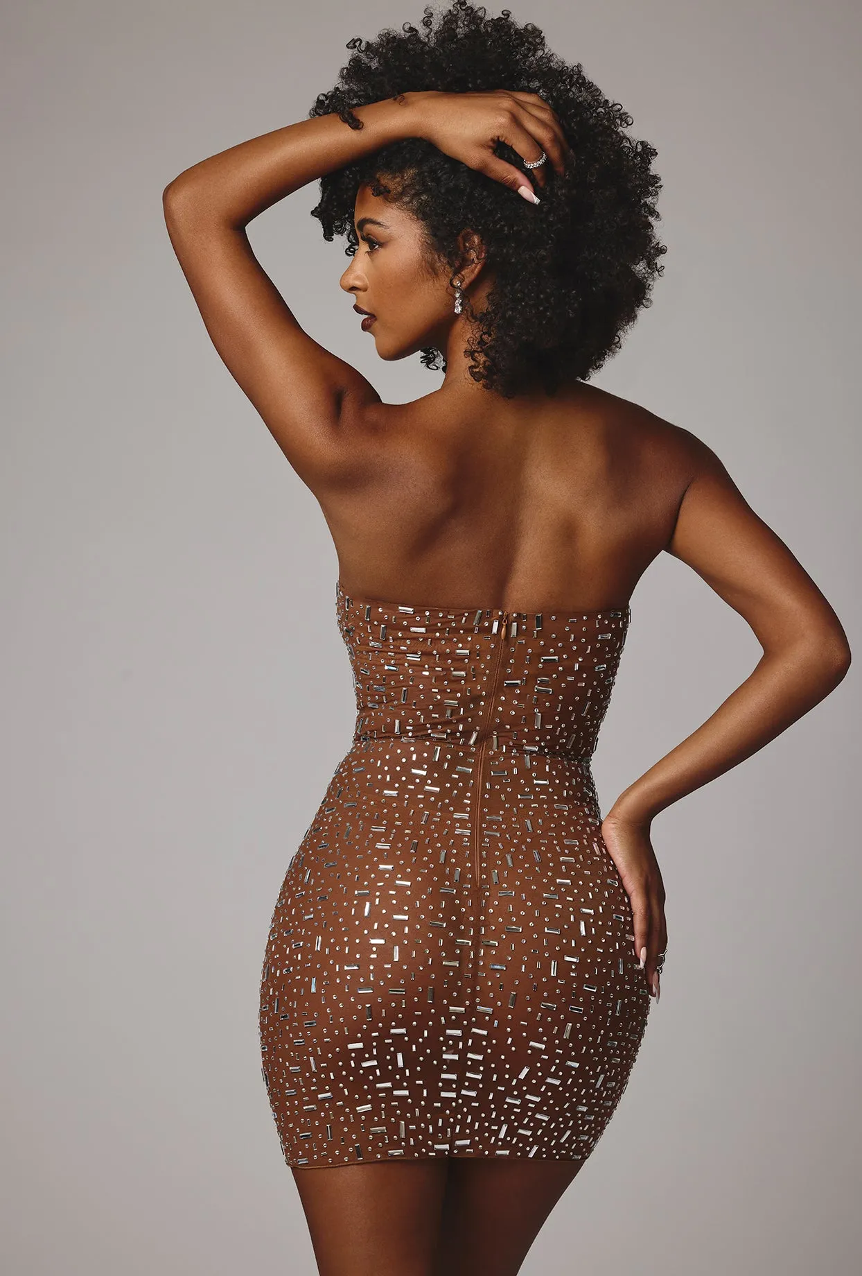 Sheer Embellished Bodycon Mini Dress in Mocha sold by Oh Polly product image thumbnail 2