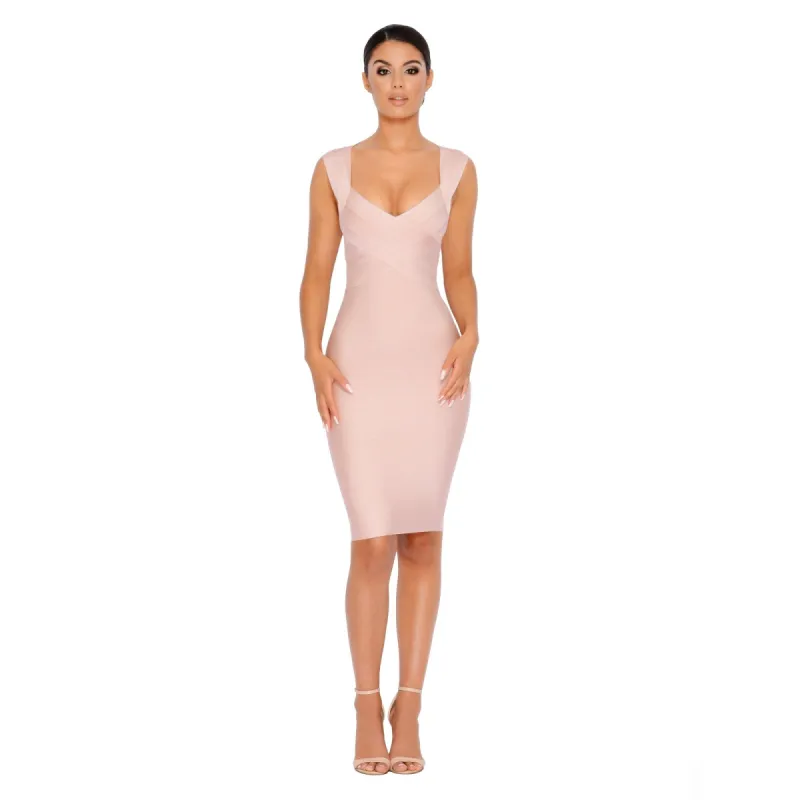 Dressed To Thrill Sleeveless Bandage Knee Length Dress in Blush sold by Oh Polly