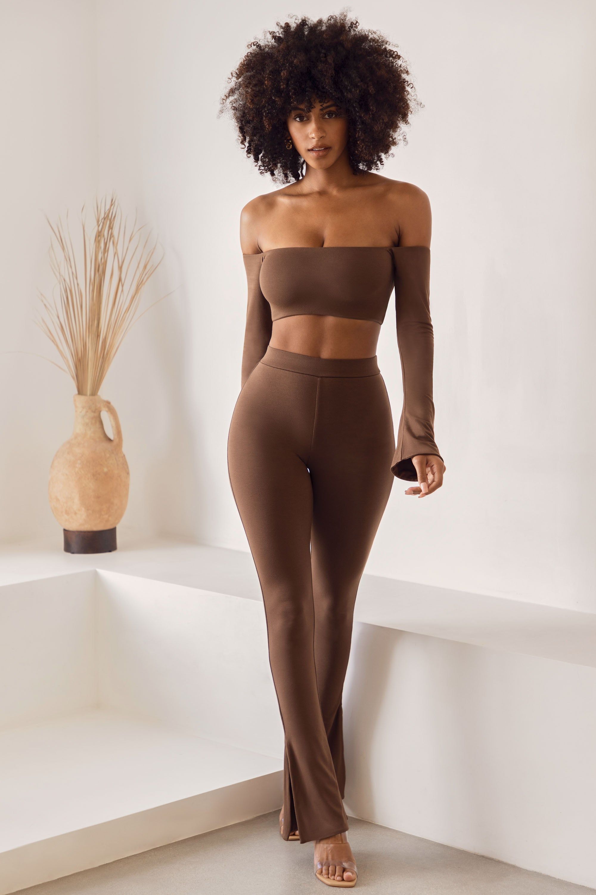 Tall High Waist Split Flare Leggings in Brown sold by Oh Polly product image thumbnail 7
