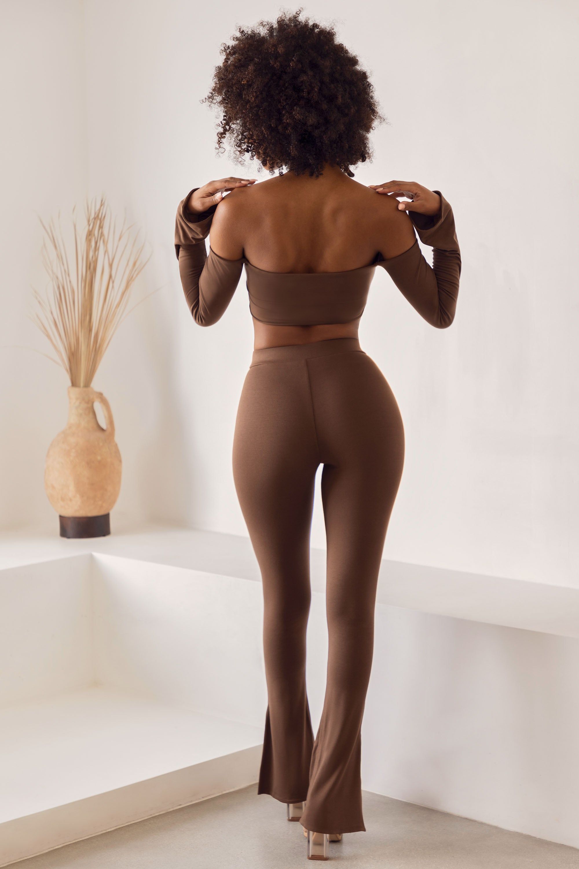 Tall High Waist Split Flare Leggings in Brown sold by Oh Polly product image thumbnail 2