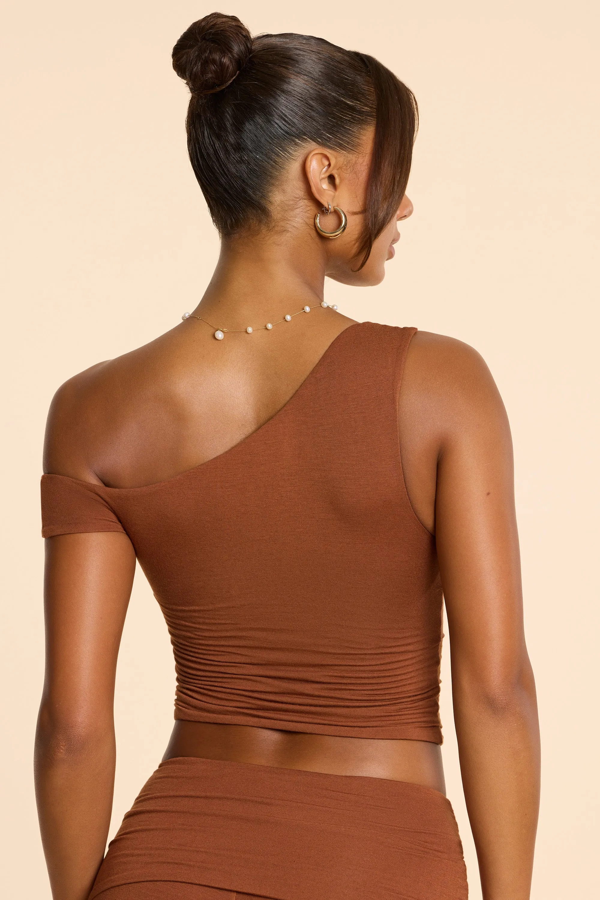 Asymmetric Neck Ruched Modal Cashmere Blend Top in Chestnut Brown sold by Oh Polly product image thumbnail 2