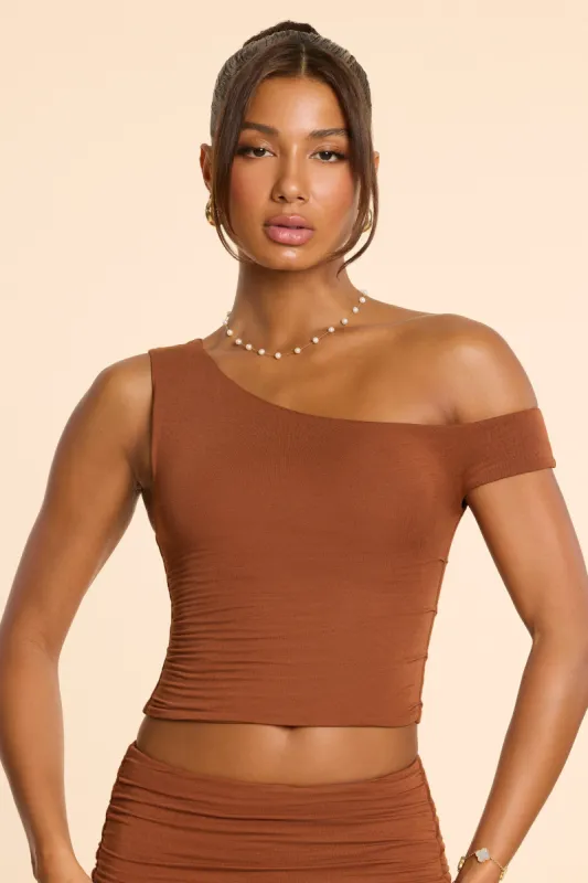 Asymmetric Neck Ruched Modal Cashmere Blend Top in Chestnut Brown sold by Oh Polly