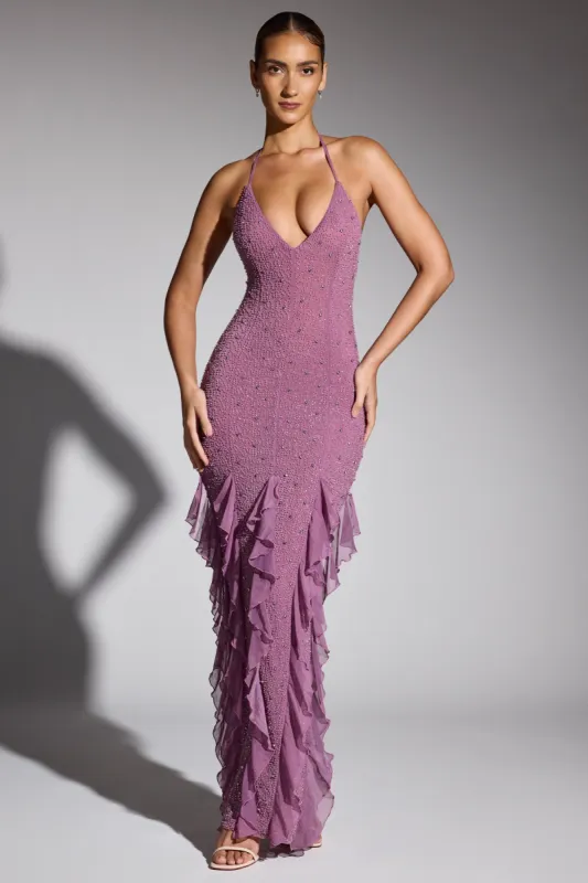 Embellished Halter Neck Ruffle Maxi Dress in Grape sold by Oh Polly