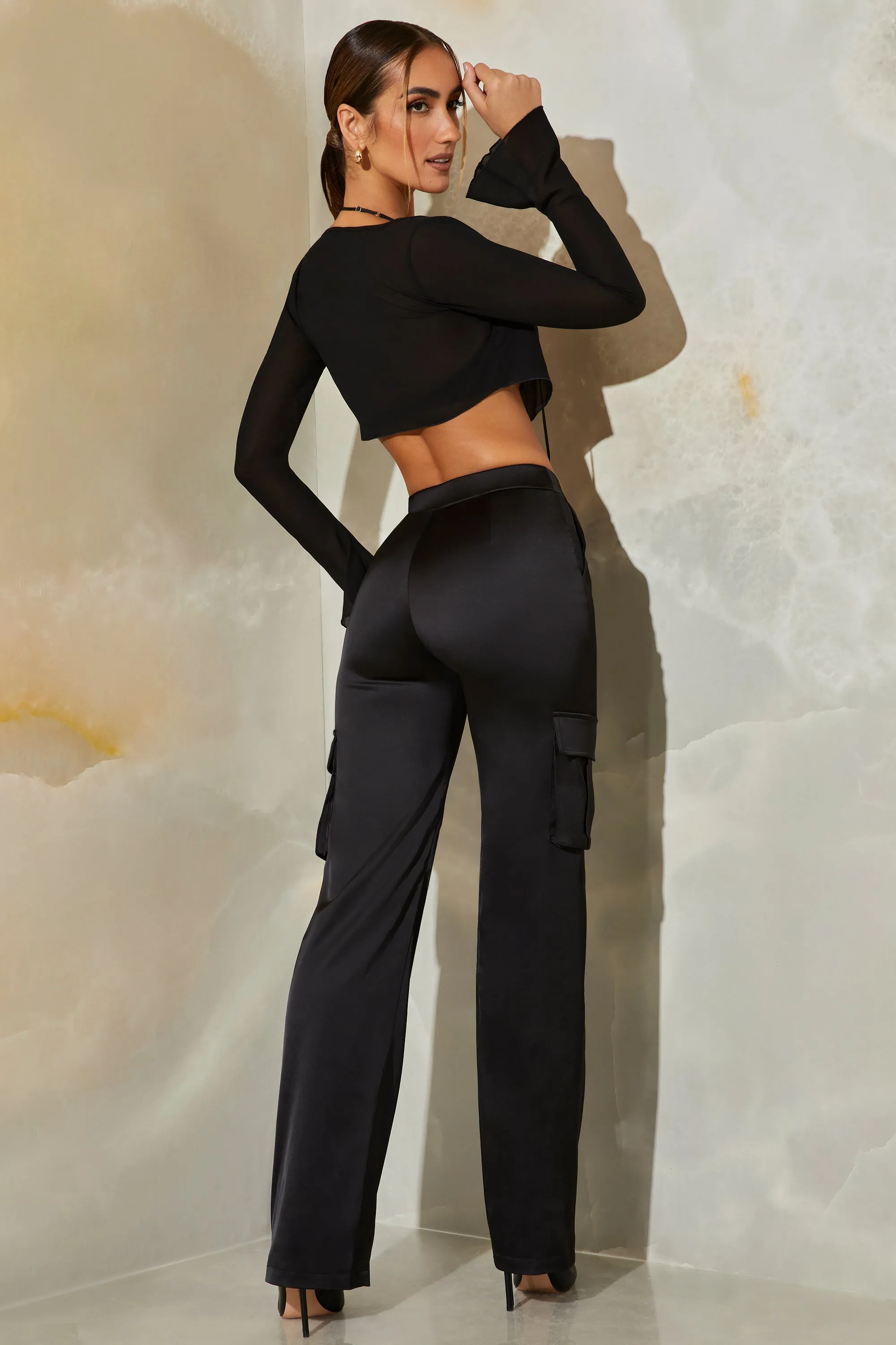 Tall Satin Straight Leg Cargo Trousers in Black sold by Oh Polly product image thumbnail 2