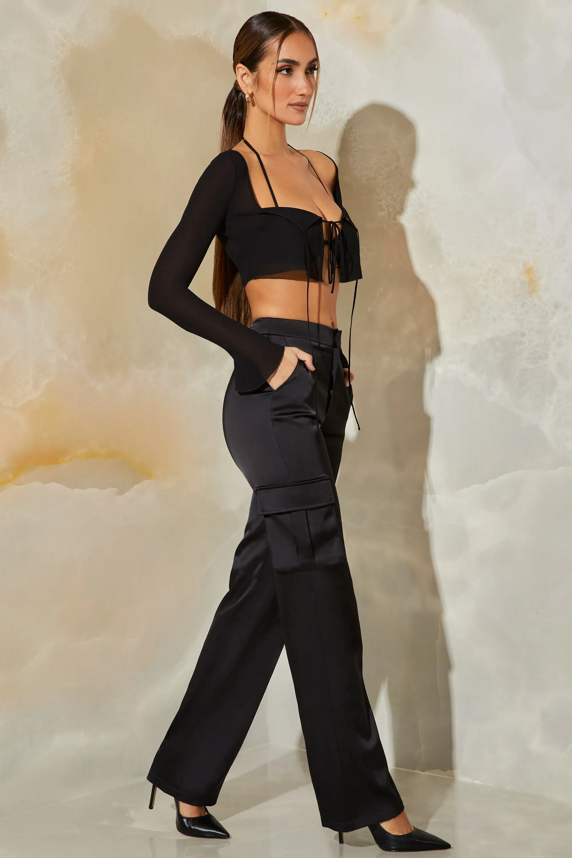 Tall Satin Straight Leg Cargo Trousers in Black sold by Oh Polly product image thumbnail 3