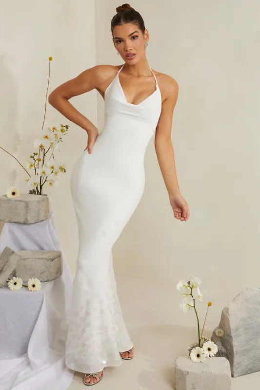 Cowl Neck Embellished Satin Maxi Dress in White sold by Oh Polly