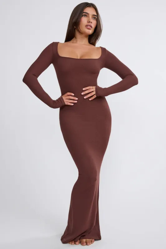 Ribbed Modal Long Sleeve Maxi Dress in Chocolate sold by Oh Polly