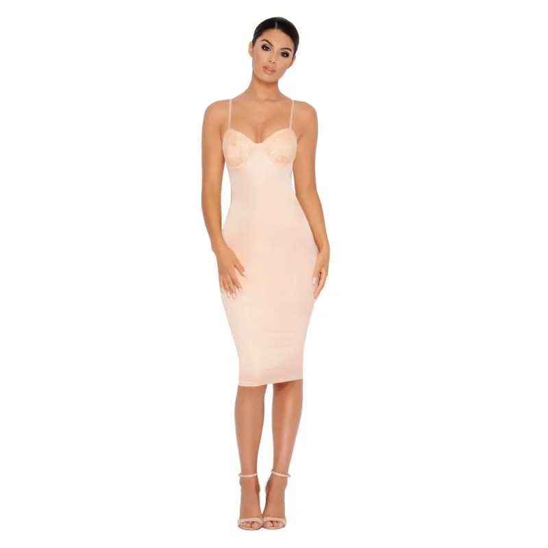 Not Just A Pretty Lace Underwired Satin Midi Dress in Peach made by Oh Polly