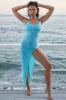 Halter Neck Thigh High Slit Maxi Beach Dress in Aqua sold by Oh Polly