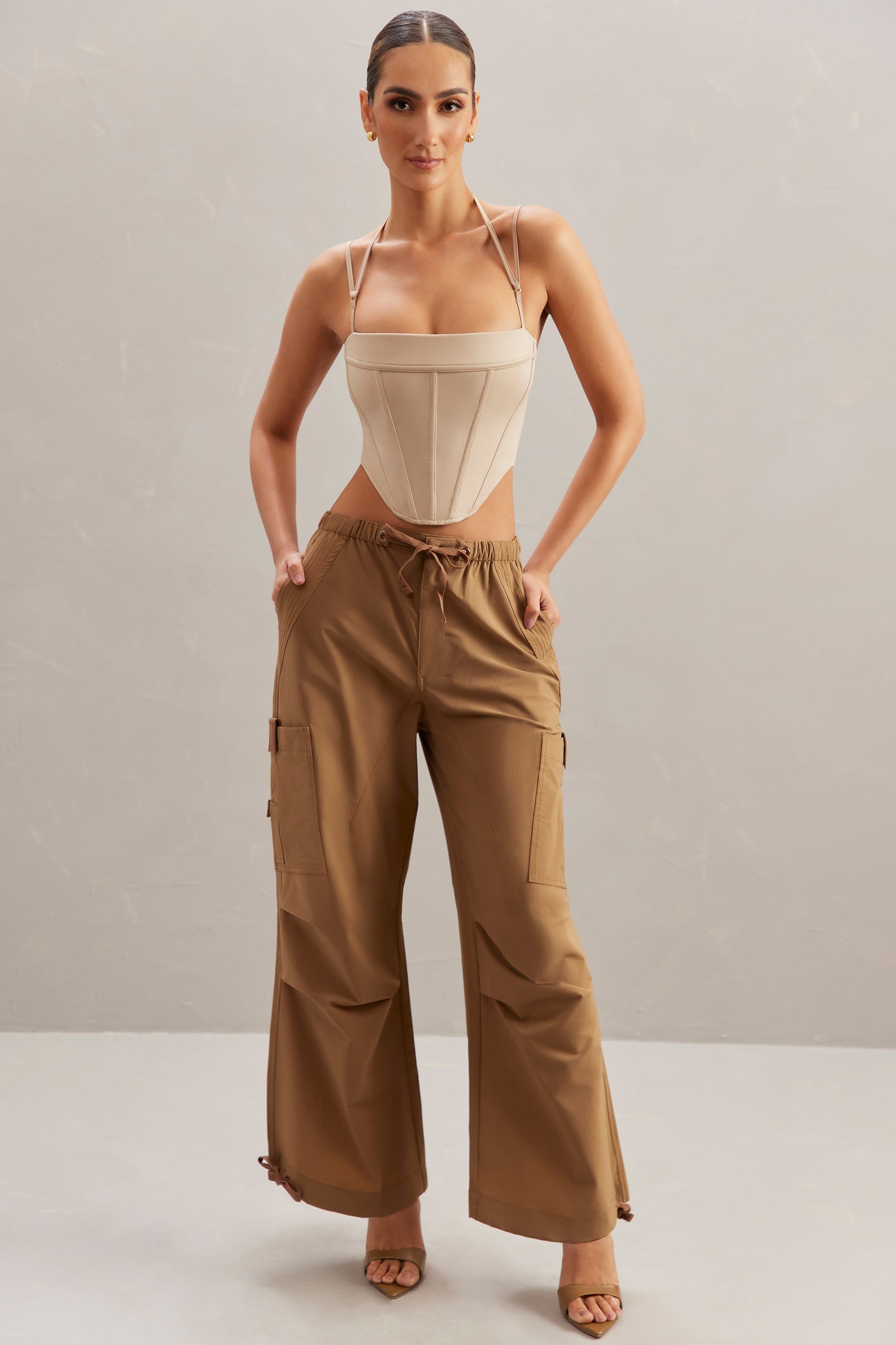 Tall Wide Leg Cargo Trousers in Tan sold by Oh Polly