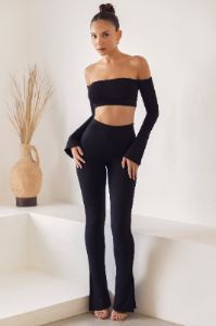 Petite High Waist Split Flare Leggings in Black sold by Oh Polly