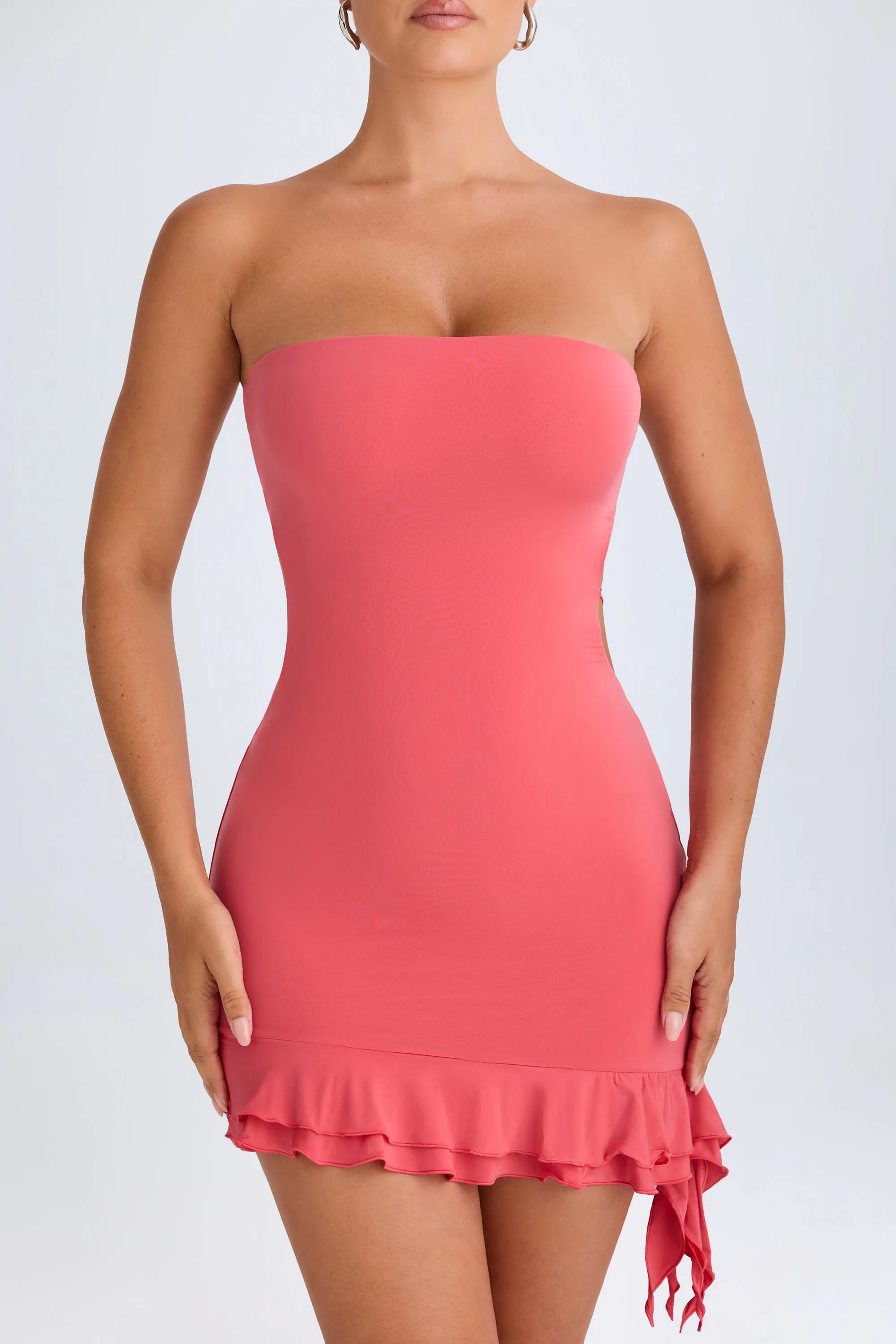 Ruffle-Trim Cut-Out Bandeau Mini Dress in Coral sold by Oh Polly product image thumbnail 4