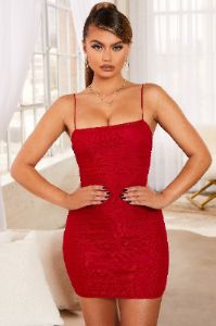 Simply Bliss Ruched Mesh Bodycon Mini Dress in Red sold by Oh Polly