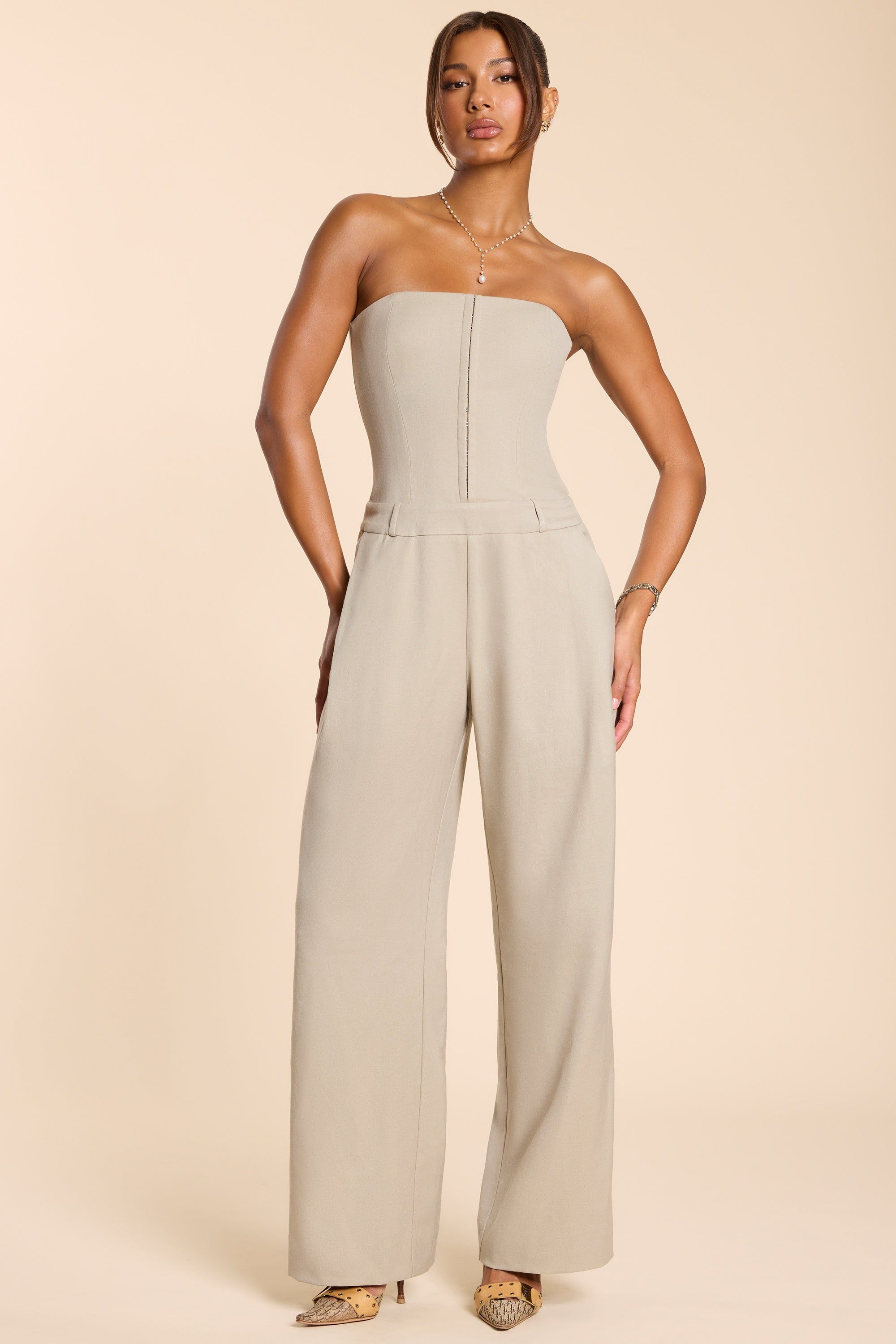 Tall Woven Wool Bandeau Corset Jumpsuit in Taupe sold by Oh Polly