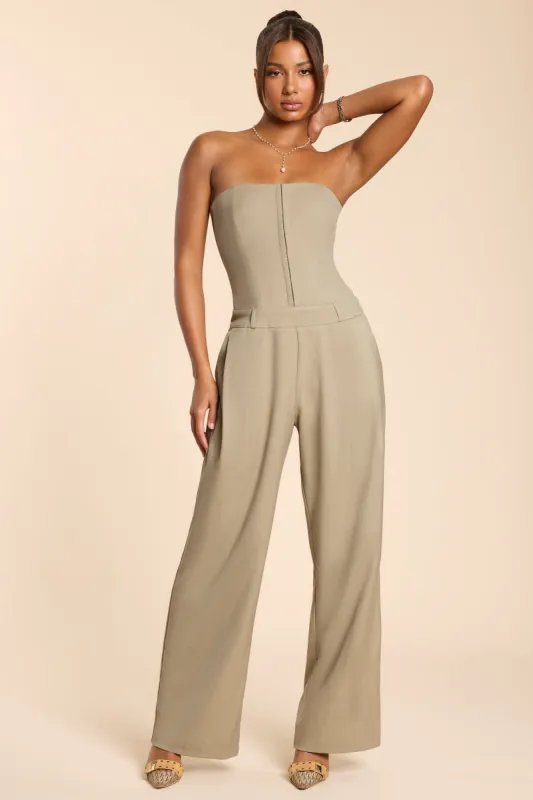 Tall Brushed Twill Bandeau Corset Jumpsuit in Taupe sold by Oh Polly