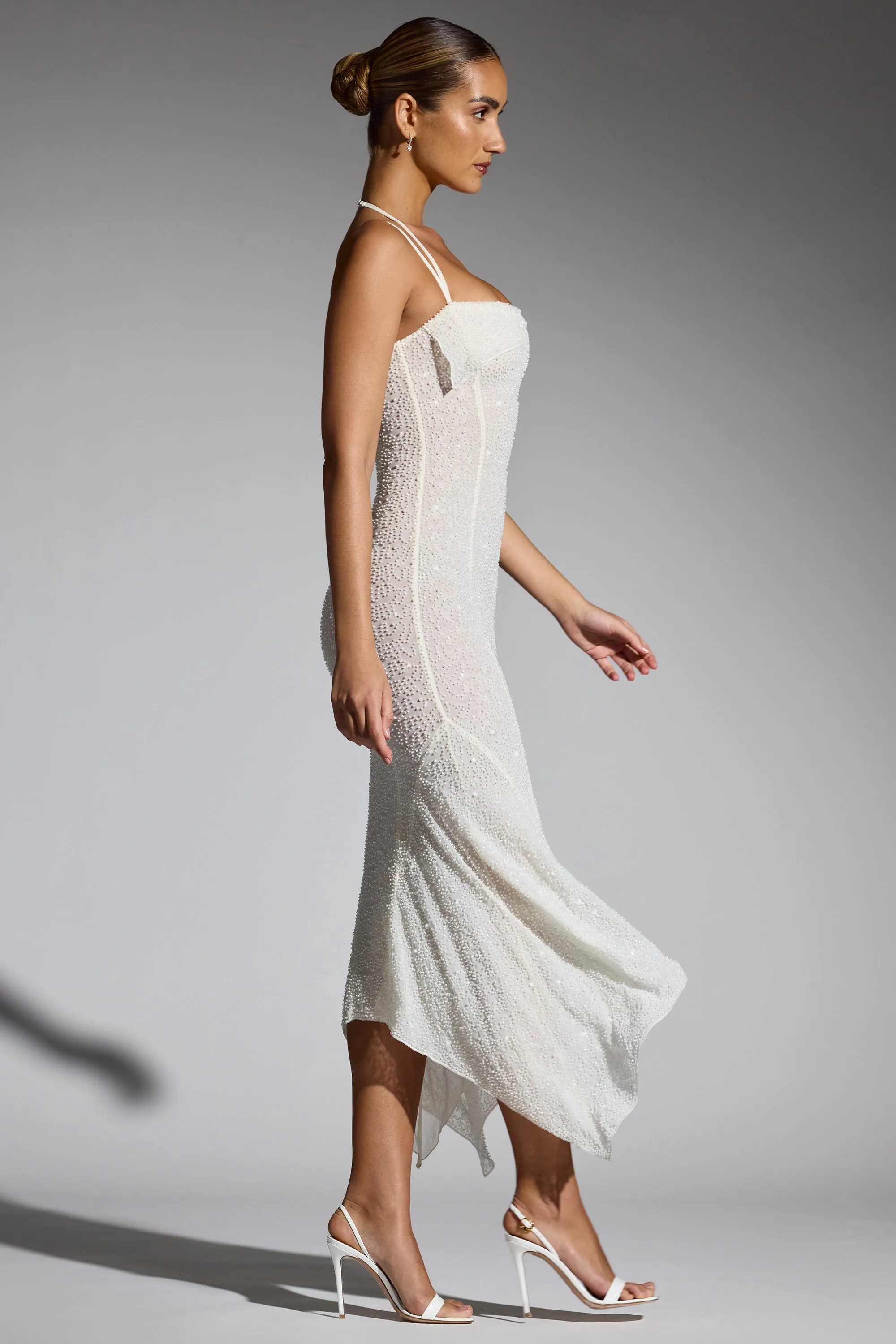 embellished handkerchief hem maxi dress in white Embellished Handkerchief Hem Maxi Dress in White