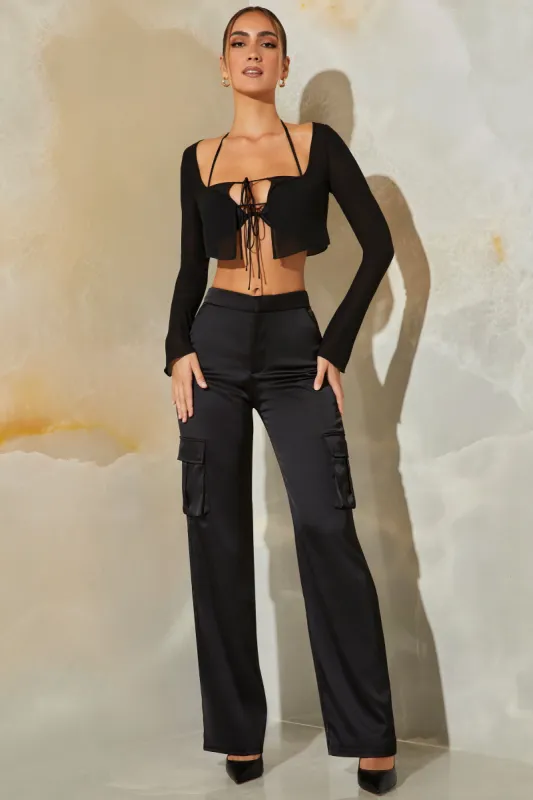Petite Satin Straight Leg Cargo Trousers in Black sold by Oh Polly