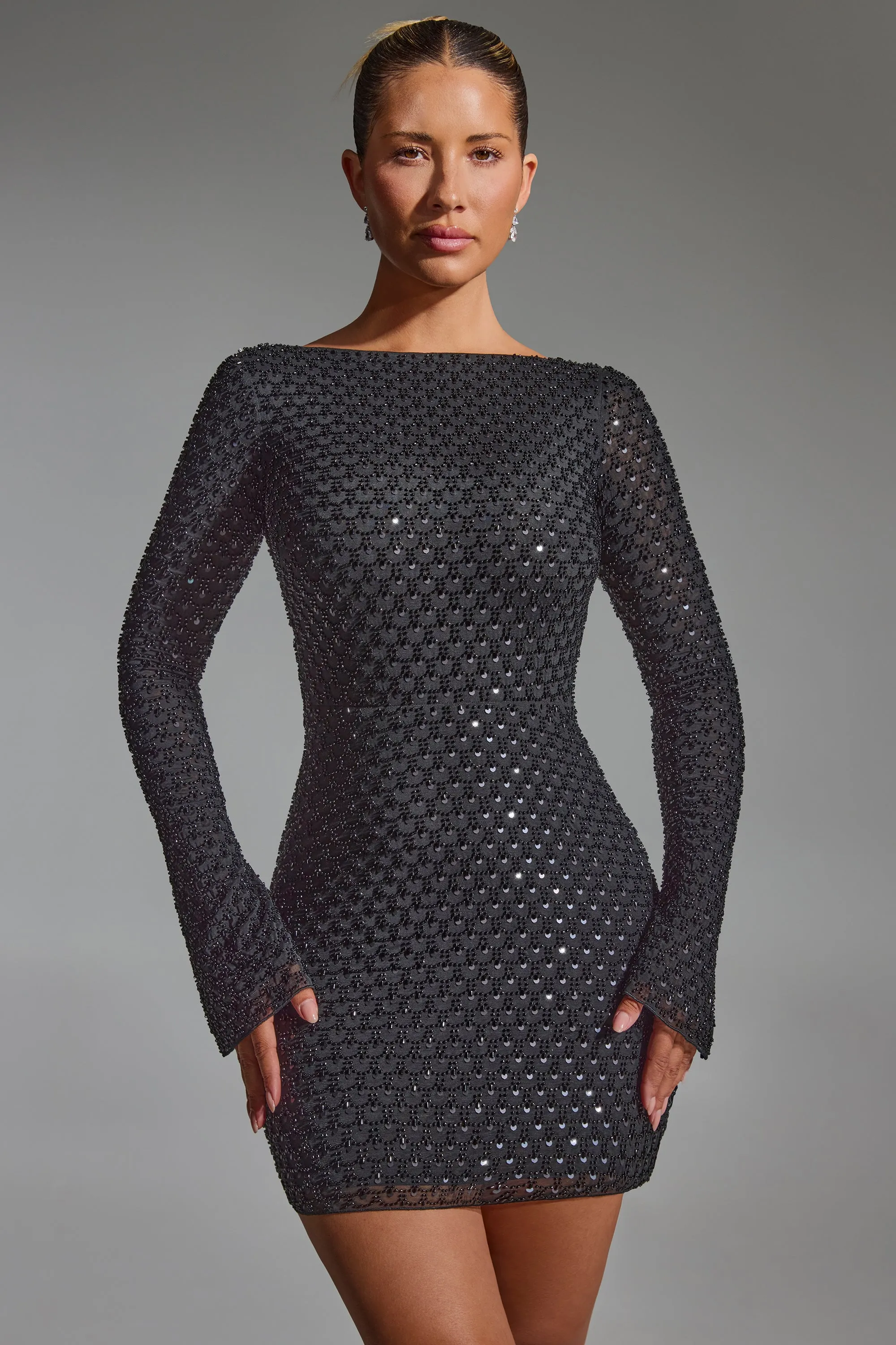 Embellished Open-Back A-Line Mini Dress in Black sold by Oh Polly product image thumbnail 5