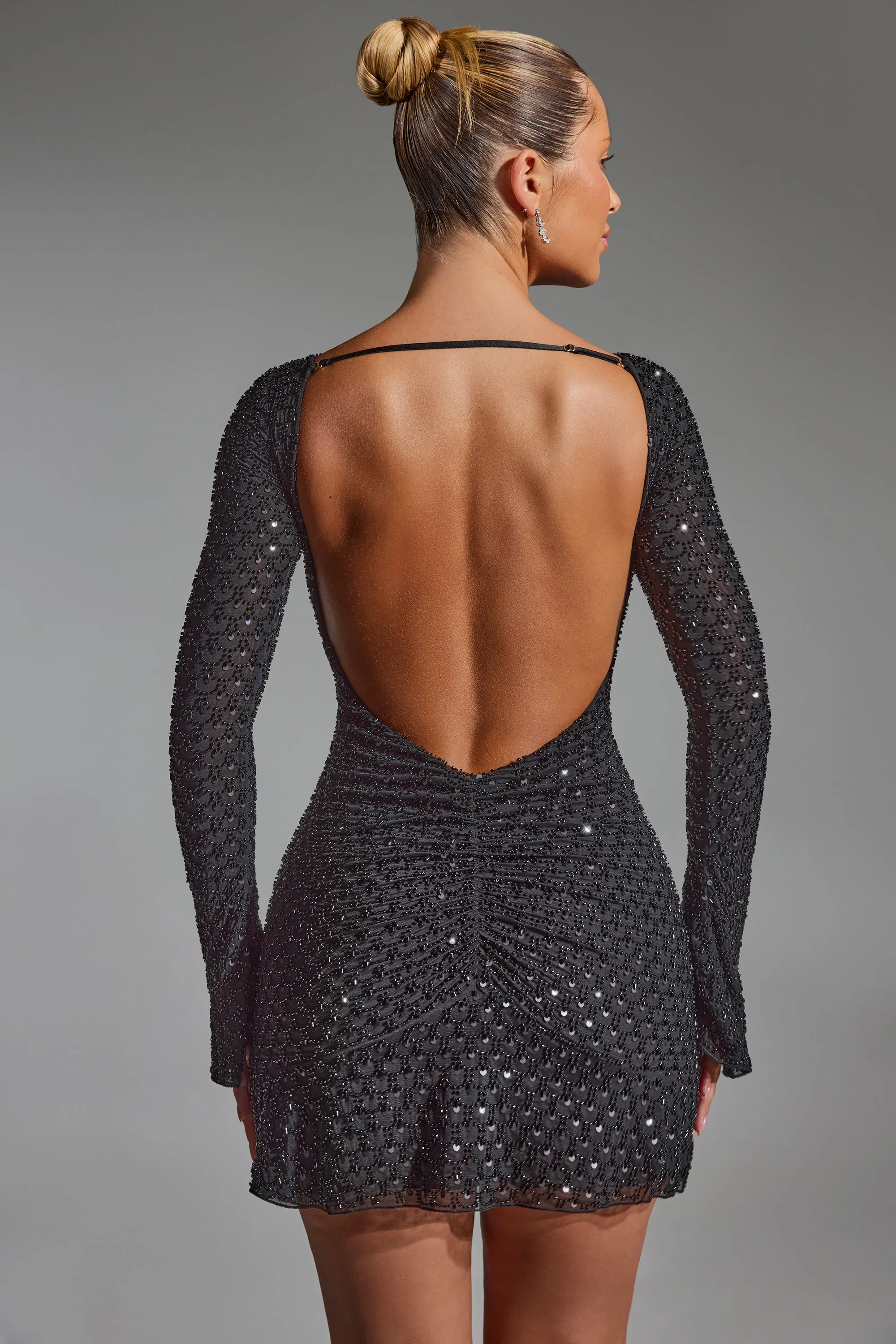 Embellished Open-Back A-Line Mini Dress in Black sold by Oh Polly product image thumbnail 2