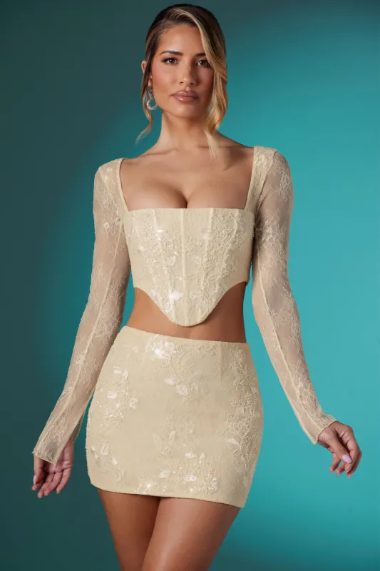 Embellished Lace Bodycon Mini Skirt in Ivory sold by Oh Polly